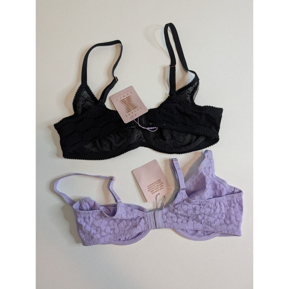 Savage x Fenty lot Of 2 Flocked Logo Unlined Demi Bra Black Purple sz 36C - Picture 2 of 5